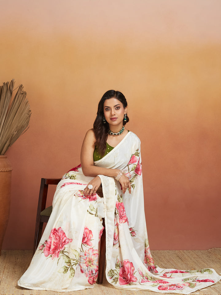 Ivory Bloom Elegance Digital Floral Saree