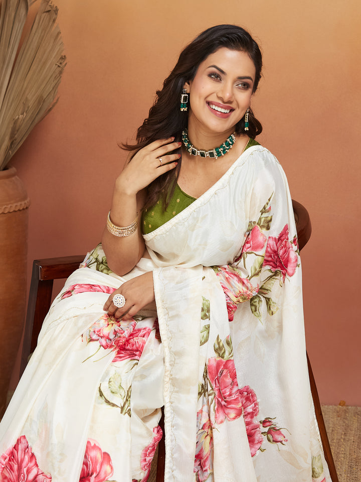 Ivory Bloom Elegance Digital Floral Saree