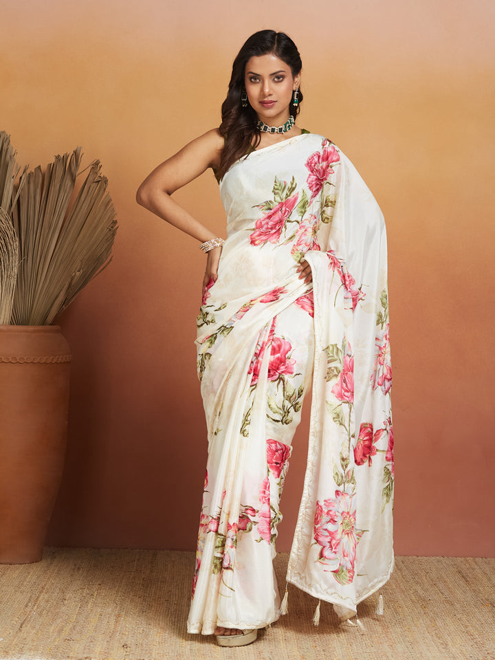 Ivory Bloom Elegance Digital Floral Saree