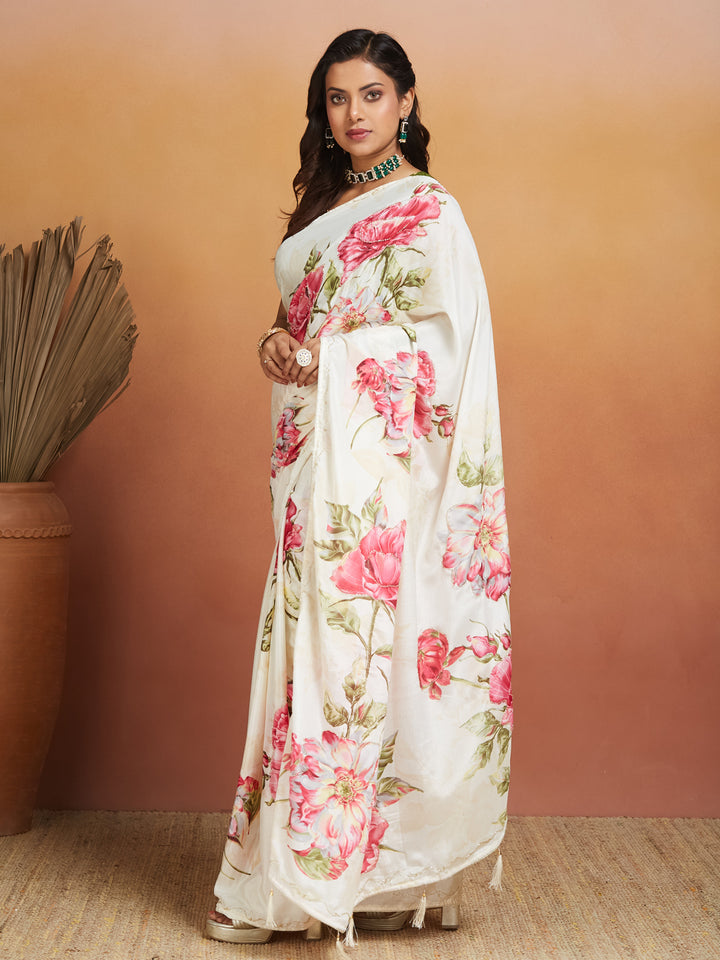 Ivory Bloom Elegance Digital Floral Saree