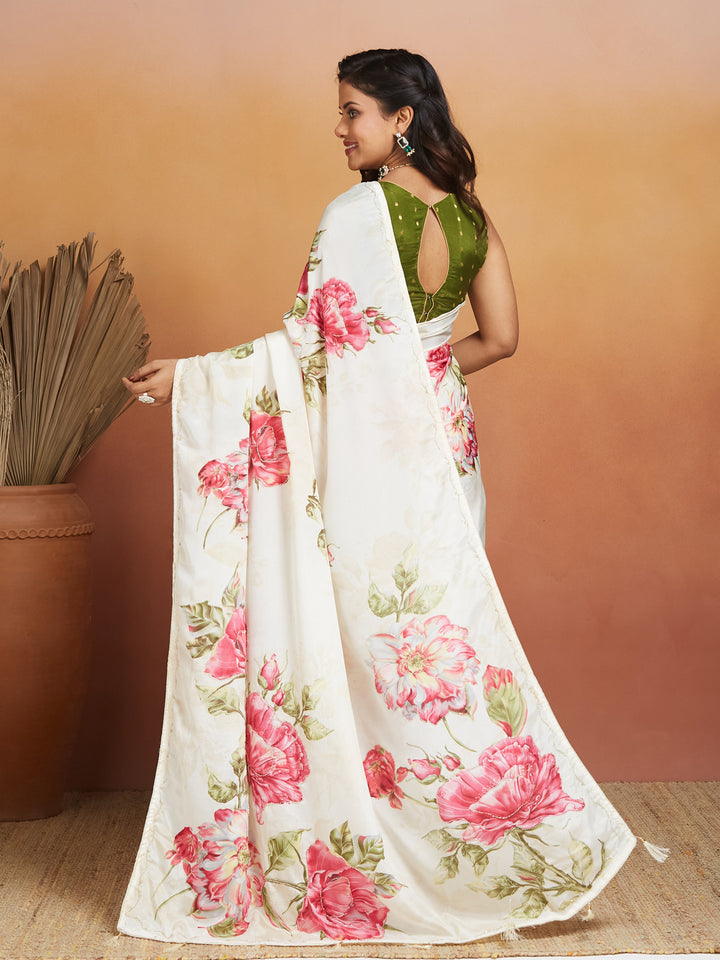Ivory Bloom Elegance Digital Floral Saree