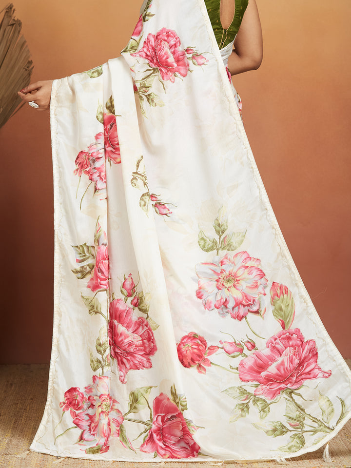 Ivory Bloom Elegance Digital Floral Saree