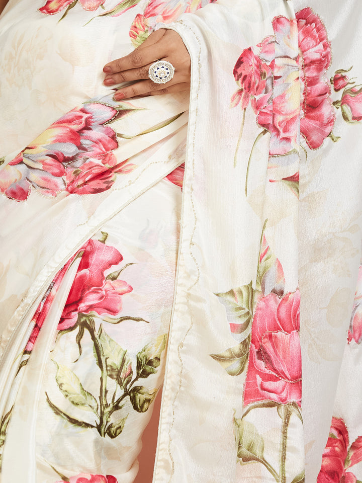 Ivory Bloom Elegance Digital Floral Saree