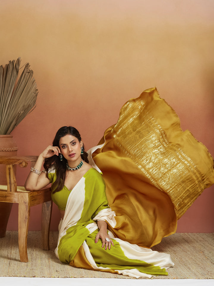 Golden Mustard & Lime Half-and-Half Silk Saree with Zari Pallu