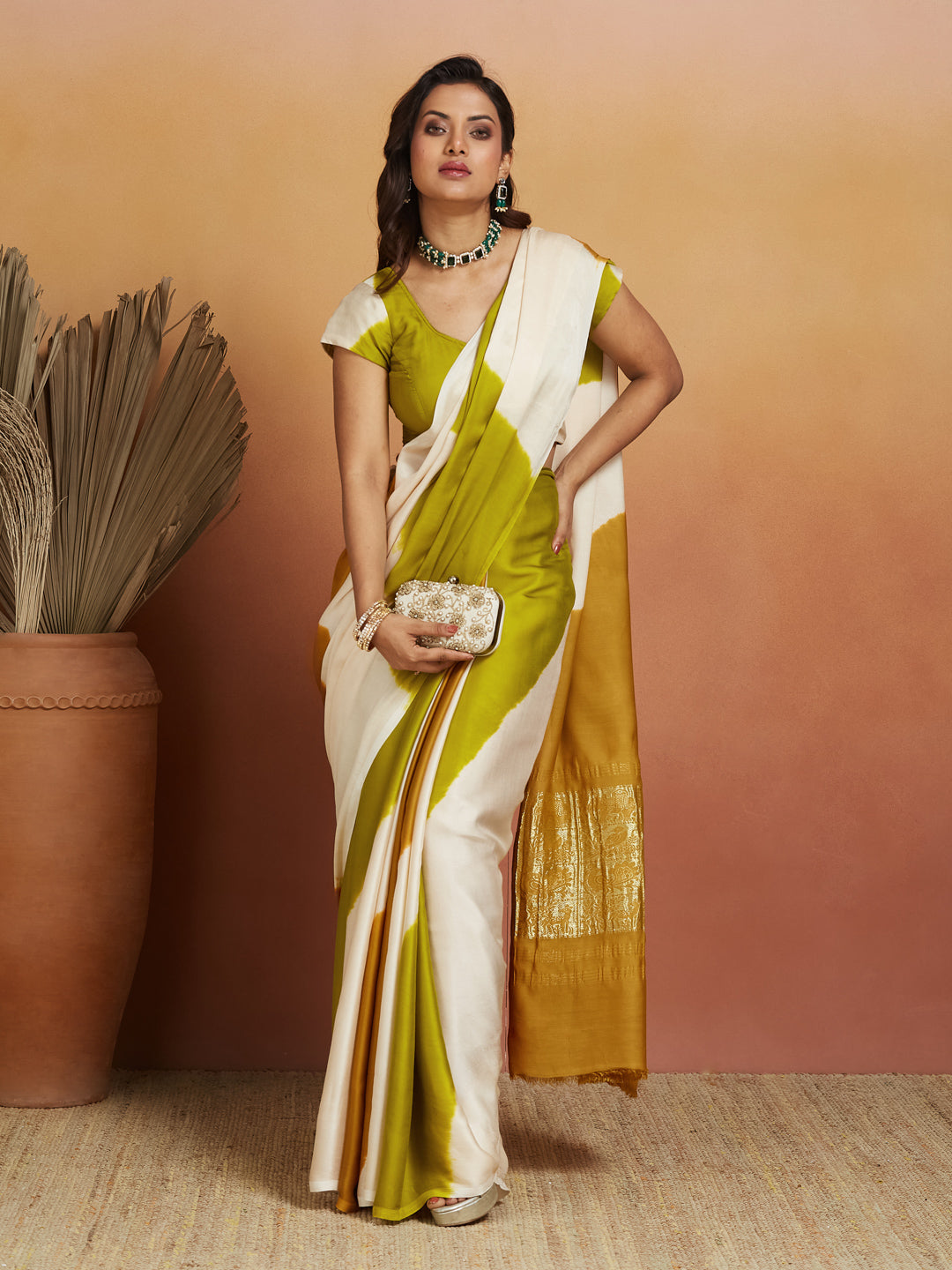 Golden Mustard & Lime Half-and-Half Silk Saree with Zari Pallu