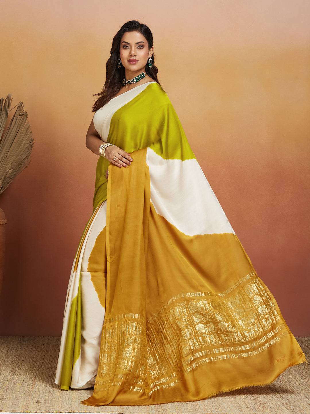 Golden Mustard & Lime Half-and-Half Silk Saree with Zari Pallu