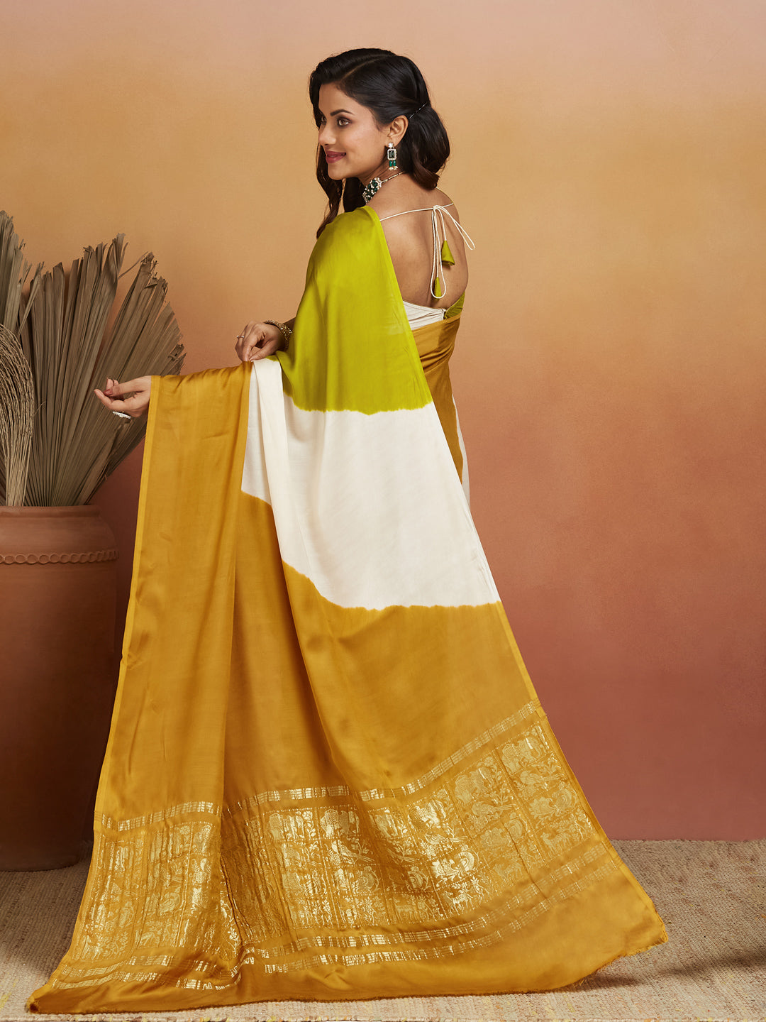 Golden Mustard & Lime Half-and-Half Silk Saree with Zari Pallu