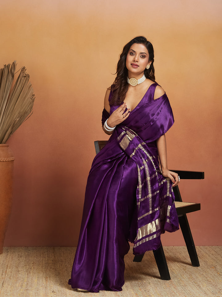 Royal Plum Silk Saree with Zari Striped Pallu
