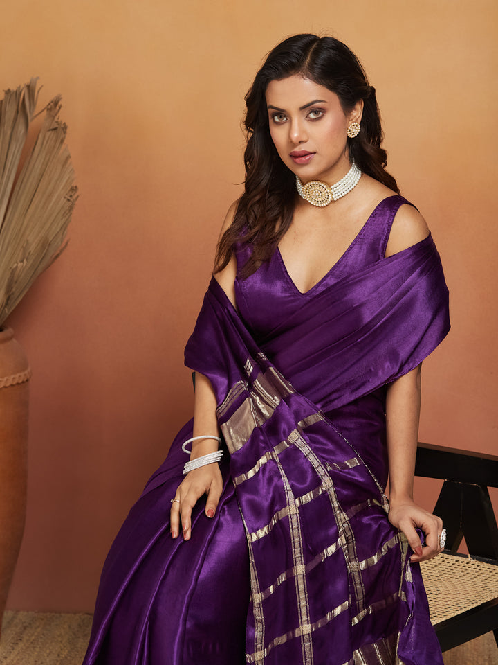 Royal Plum Silk Saree with Zari Striped Pallu