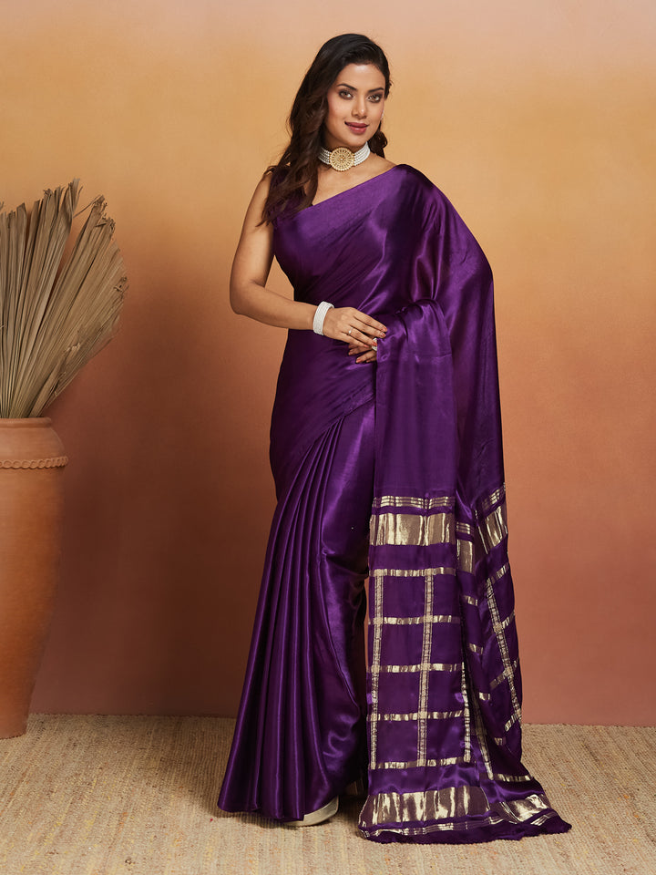 Royal Plum Silk Saree with Zari Striped Pallu