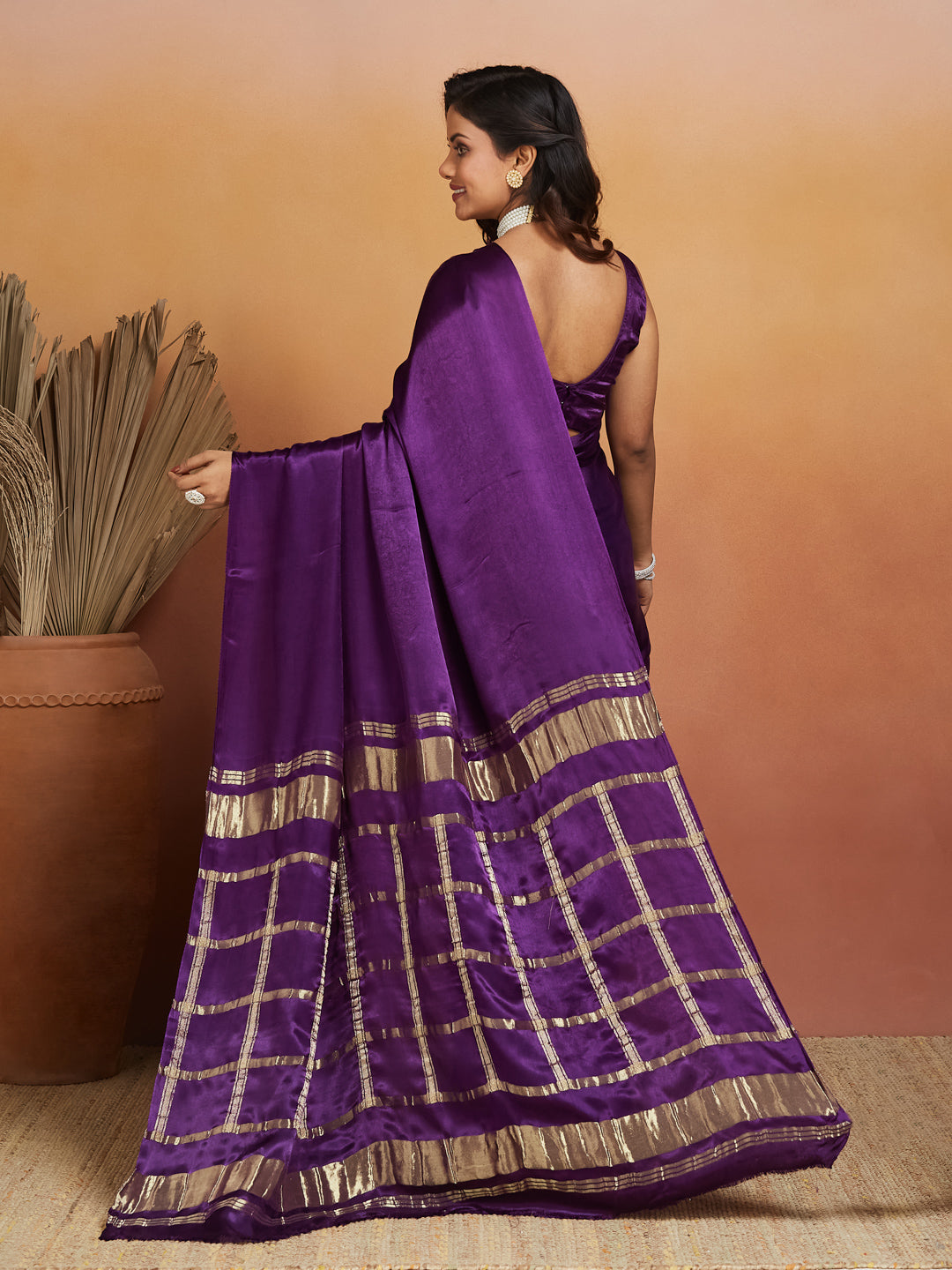 Royal Plum Silk Saree with Zari Striped Pallu