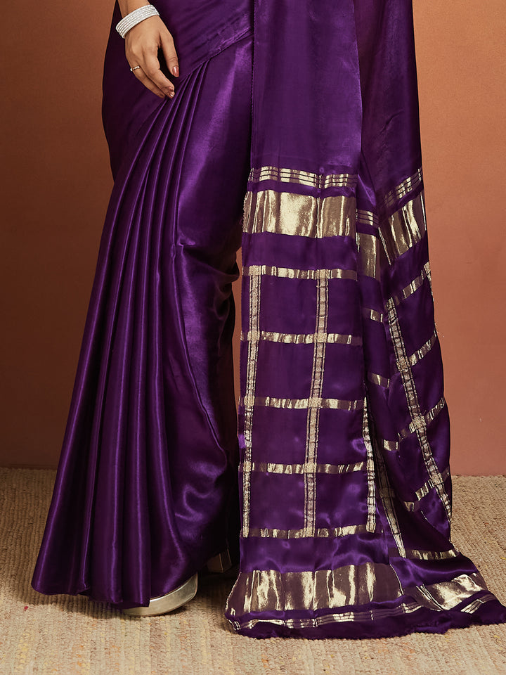 Royal Plum Silk Saree with Zari Striped Pallu