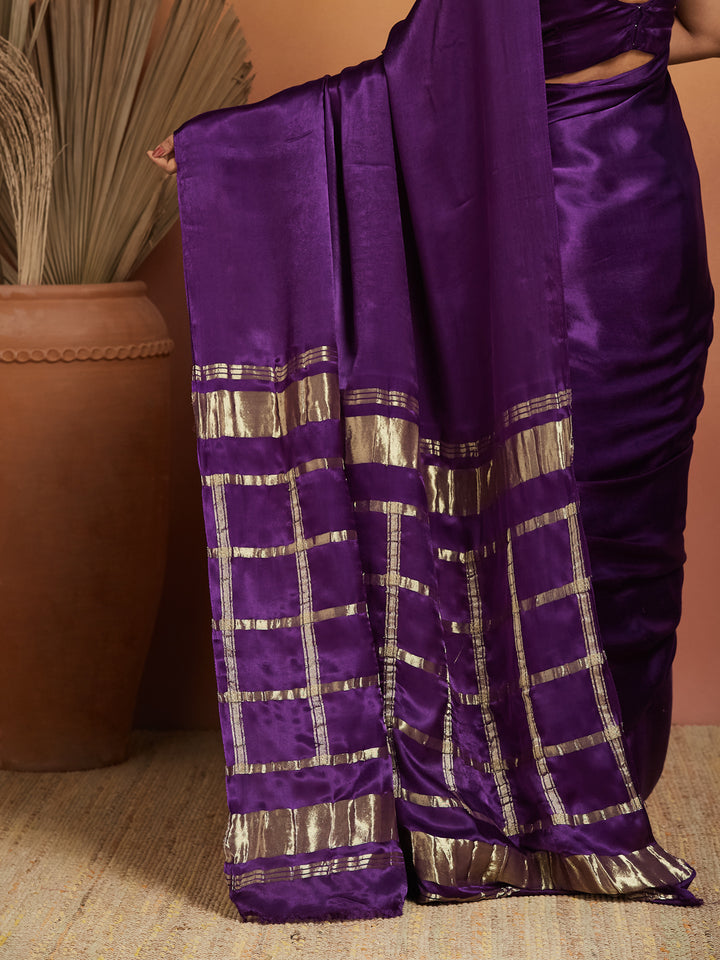 Royal Plum Silk Saree with Zari Striped Pallu