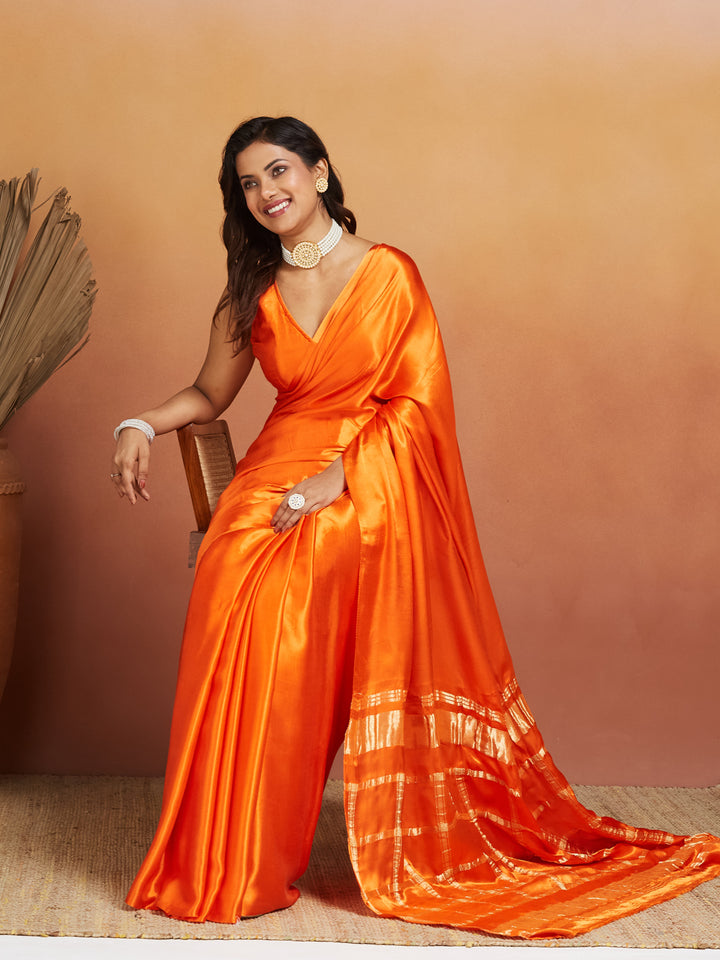 Sunset Flame Pure Silk Saree with Golden Zari Border