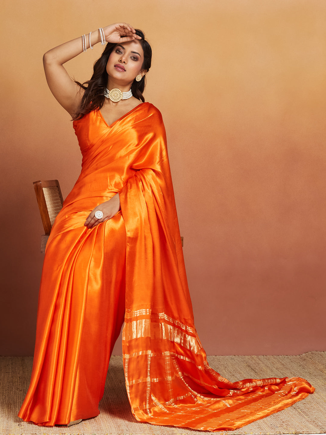Sunset Flame Pure Silk Saree with Golden Zari Border