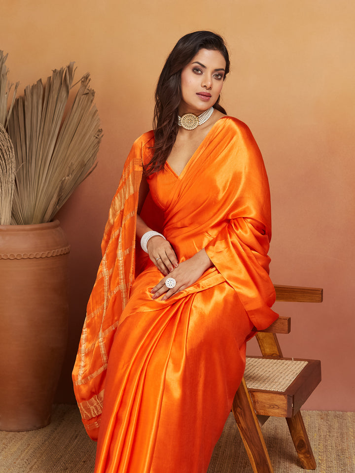 Sunset Flame Pure Silk Saree with Golden Zari Border