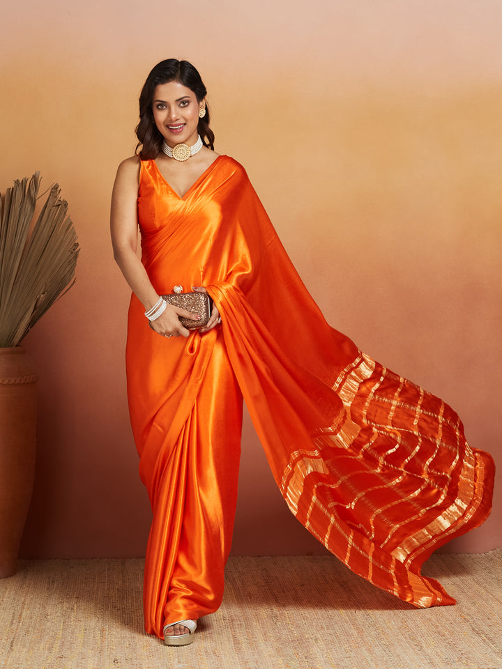 Sunset Flame Pure Silk Saree with Golden Zari Border