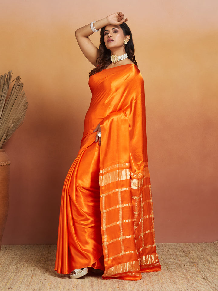 Sunset Flame Pure Silk Saree with Golden Zari Border
