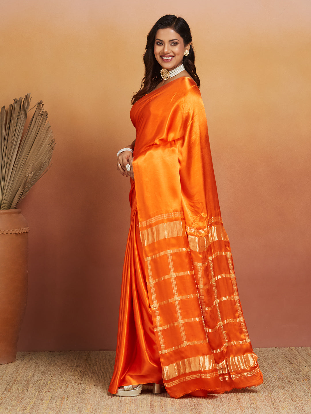 Sunset Flame Pure Silk Saree with Golden Zari Border