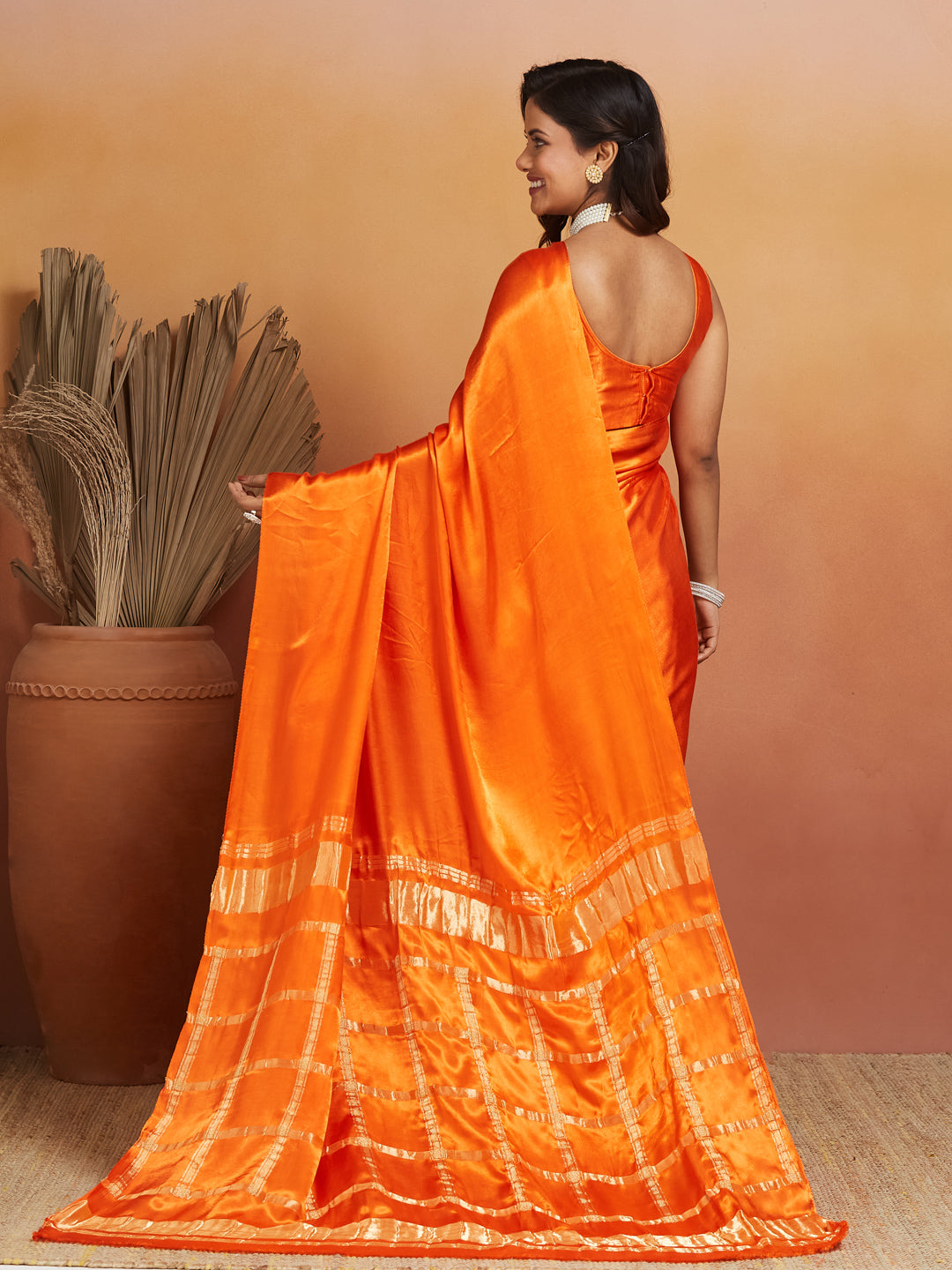 Sunset Flame Pure Silk Saree with Golden Zari Border