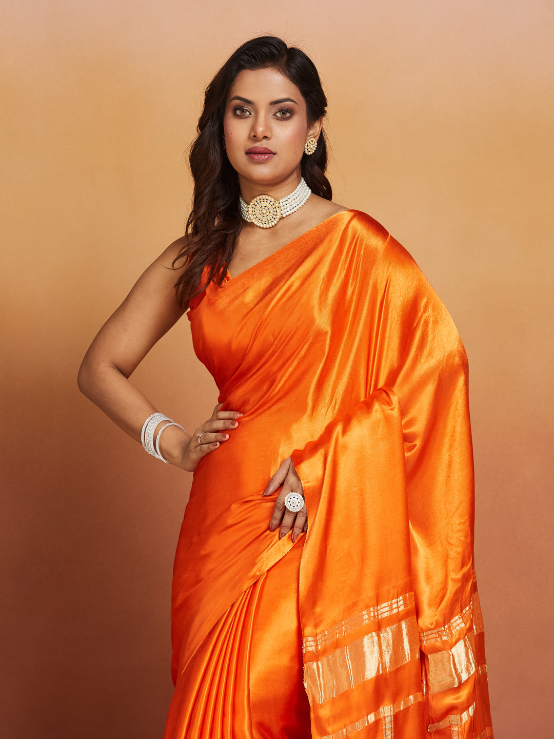 Sunset Flame Pure Silk Saree with Golden Zari Border