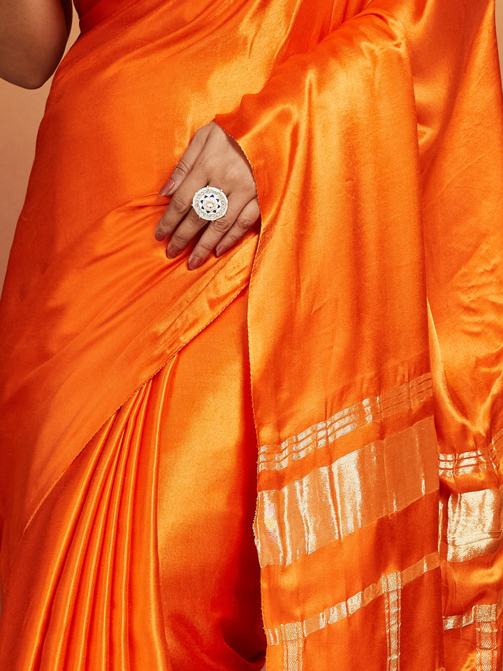 Sunset Flame Pure Silk Saree with Golden Zari Border