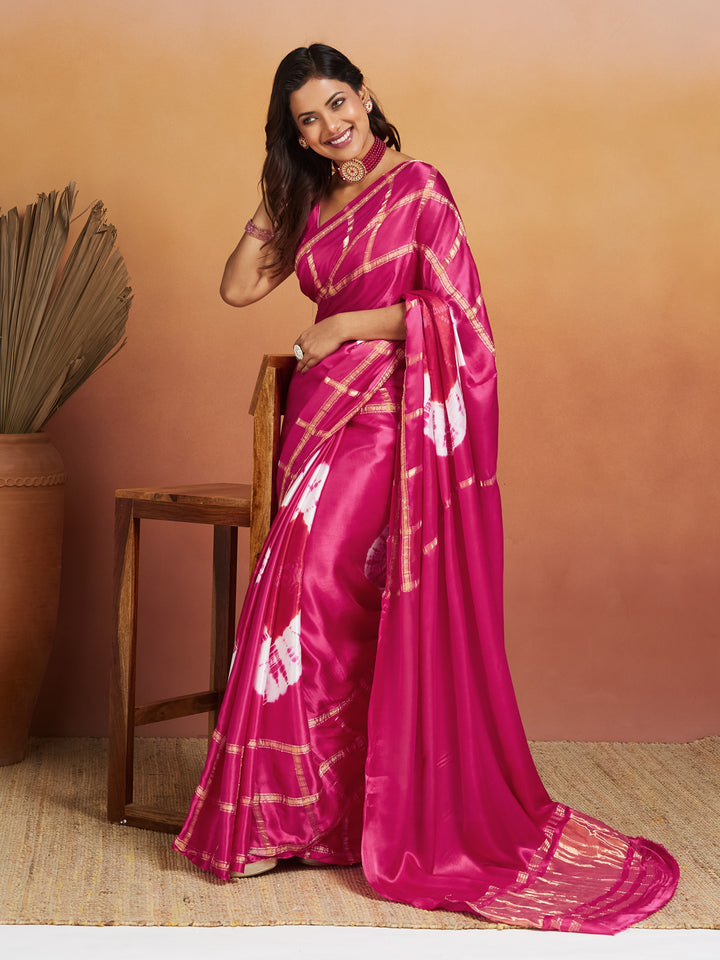 Rani Raaga Silk Saree with Gold Zari Checks and Tie-Dye Motifs