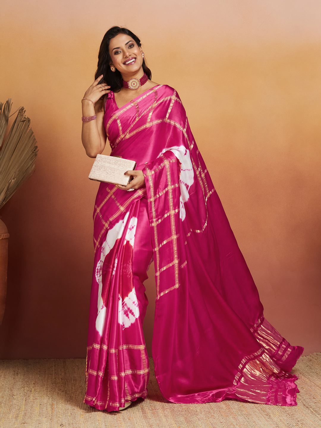Rani Raaga Silk Saree with Gold Zari Checks and Tie-Dye Motifs