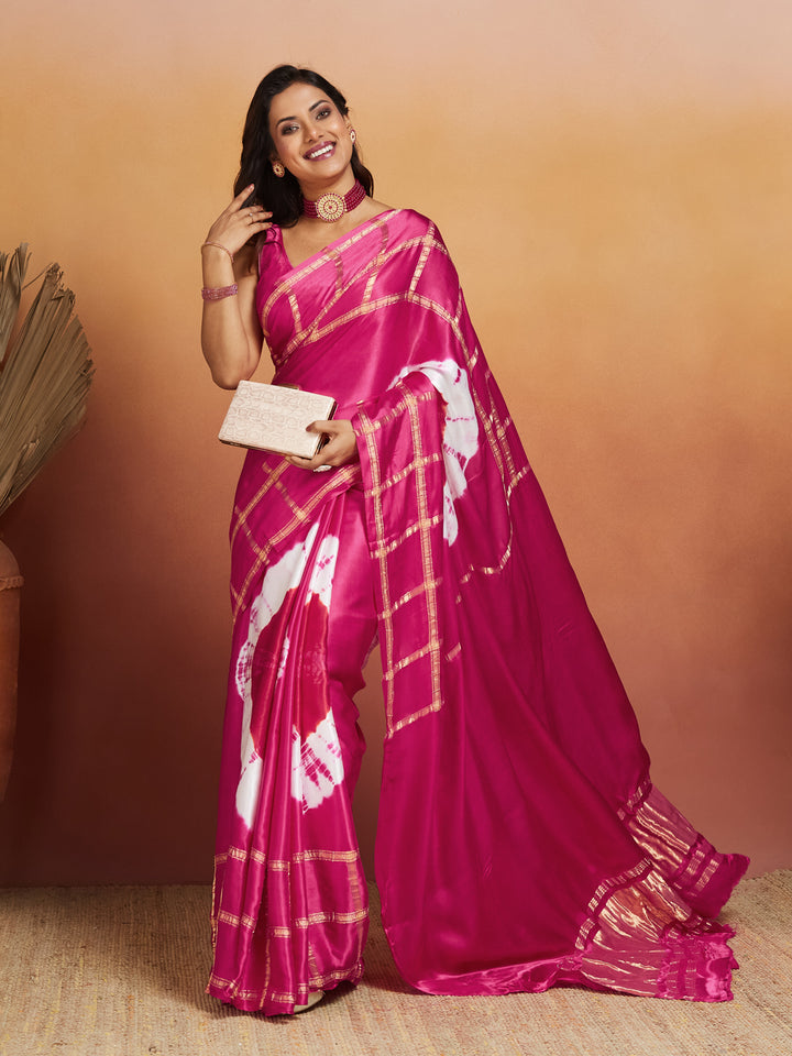 Rani Raaga Silk Saree with Gold Zari Checks and Tie-Dye Motifs