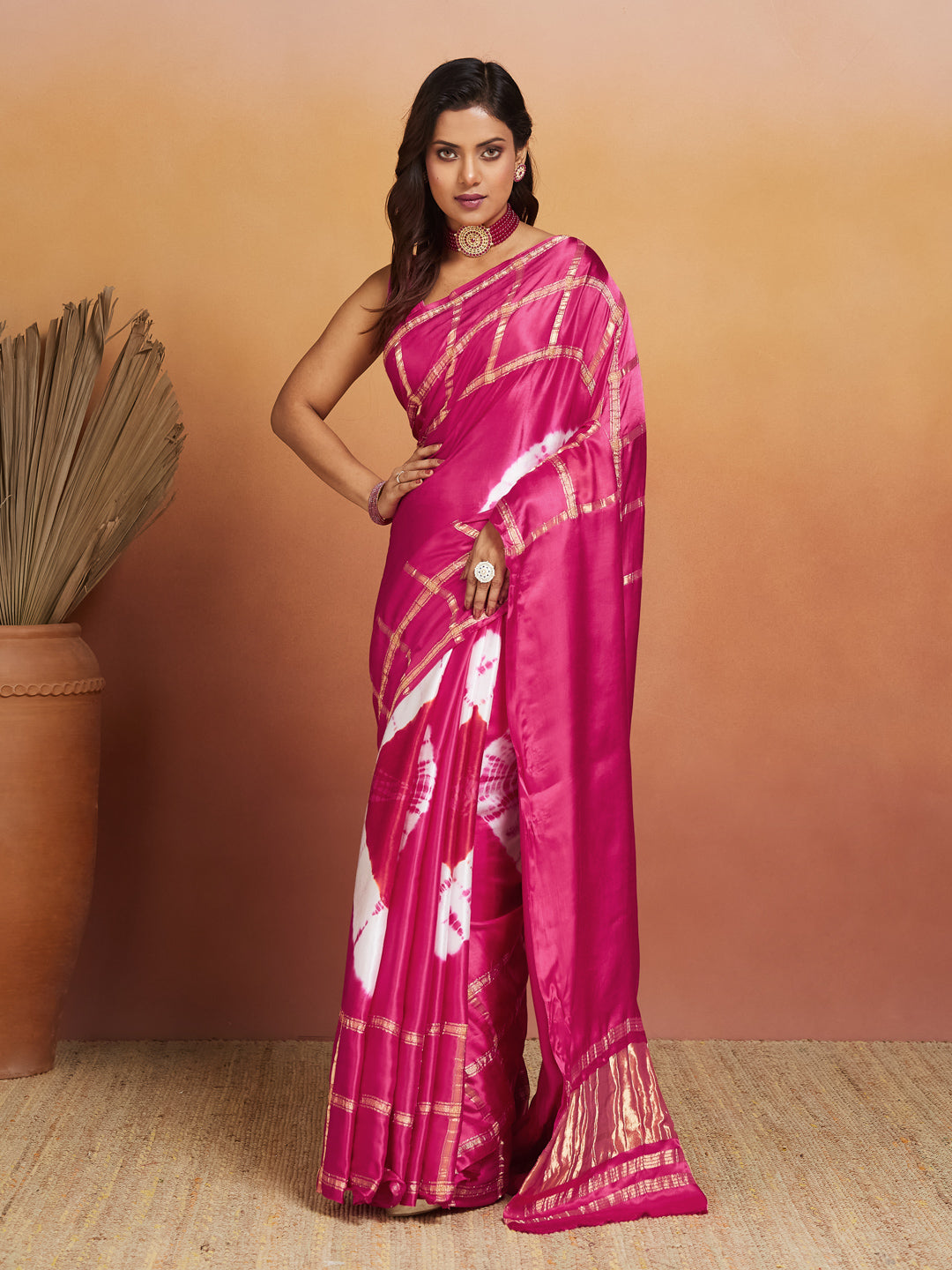Rani Raaga Silk Saree with Gold Zari Checks and Tie-Dye Motifs