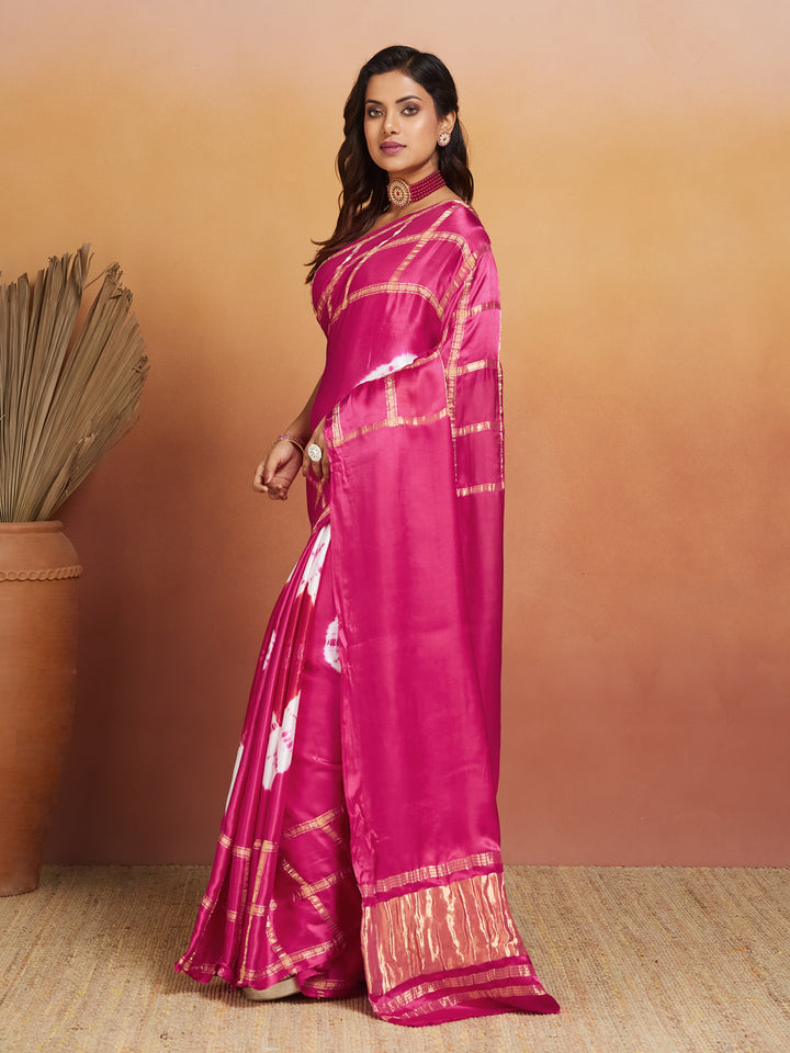 Rani Raaga Silk Saree with Gold Zari Checks and Tie-Dye Motifs