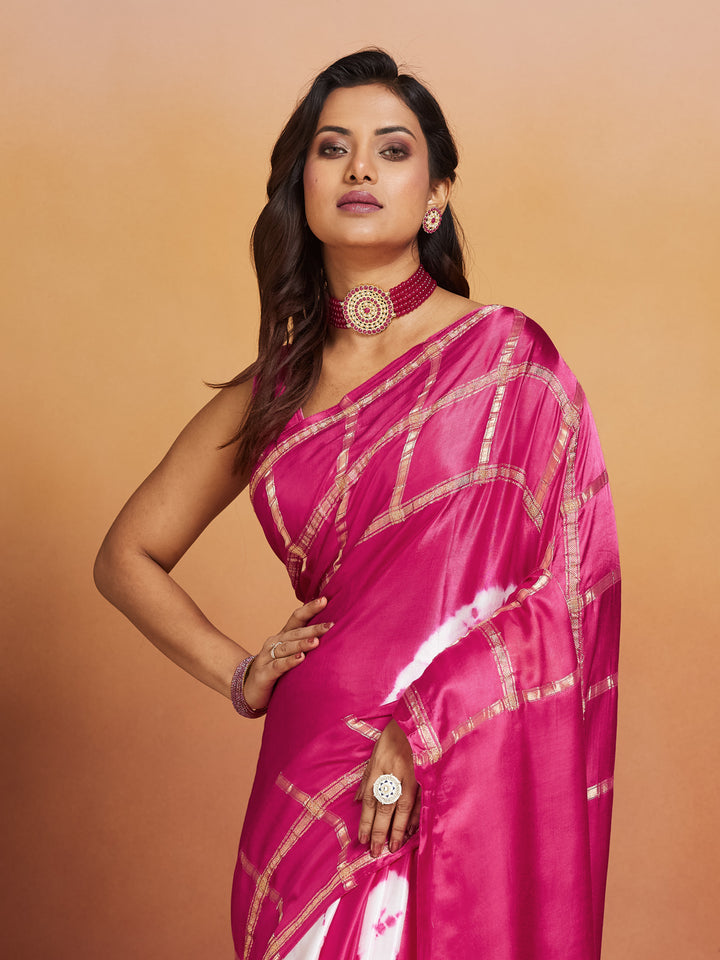 Rani Raaga Silk Saree with Gold Zari Checks and Tie-Dye Motifs