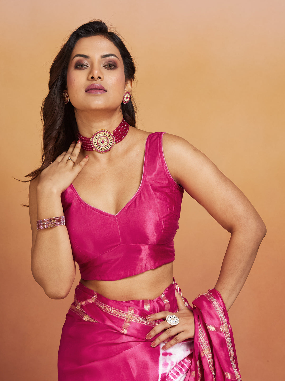 Rani Raaga Silk Saree with Gold Zari Checks and Tie-Dye Motifs