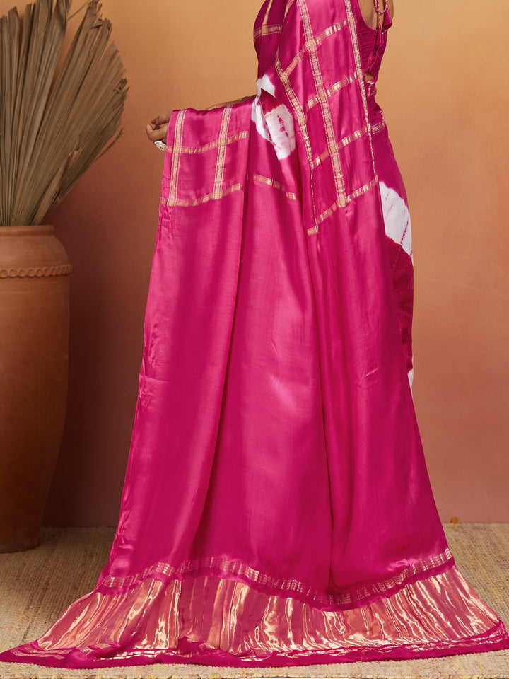 Rani Raaga Silk Saree with Gold Zari Checks and Tie-Dye Motifs