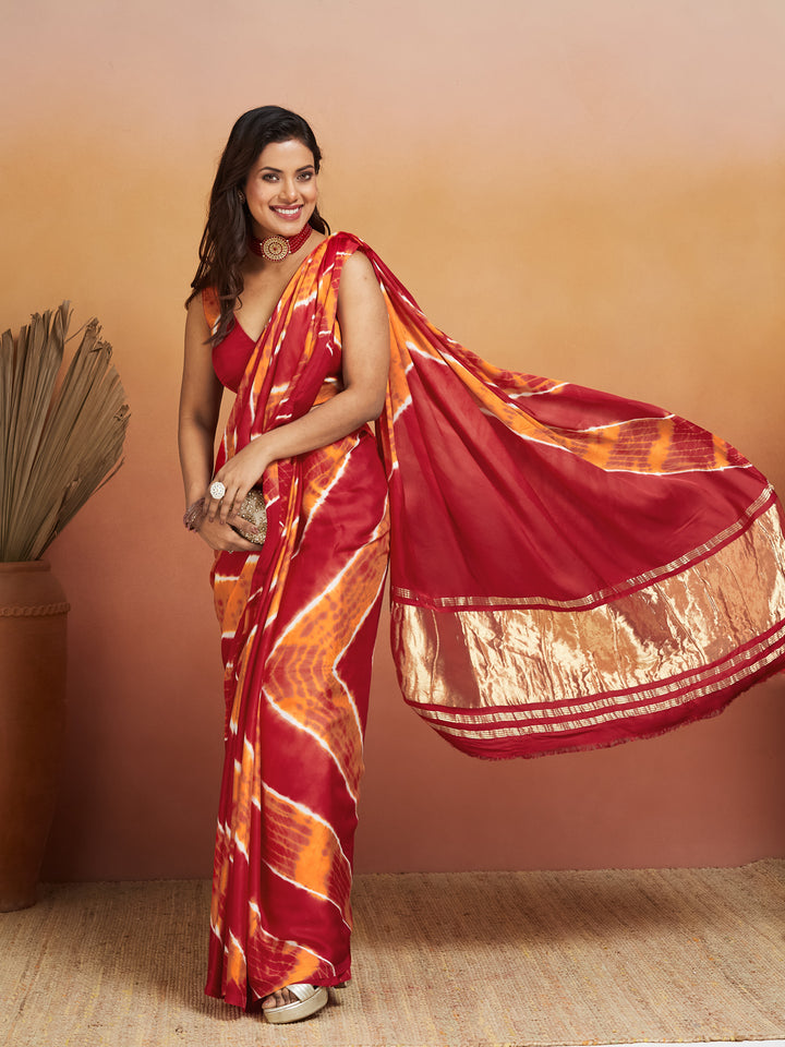 Agni Bandhej Silk Saree with Gold Tissue Border
