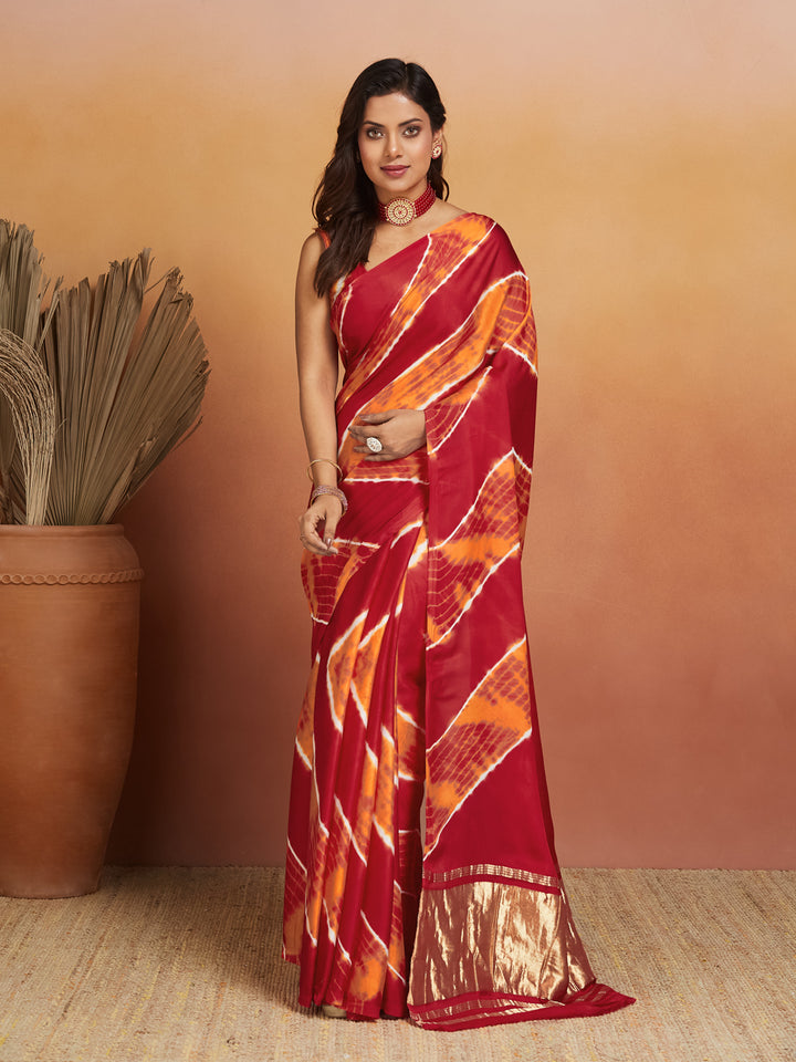 Agni Bandhej Silk Saree with Gold Tissue Border