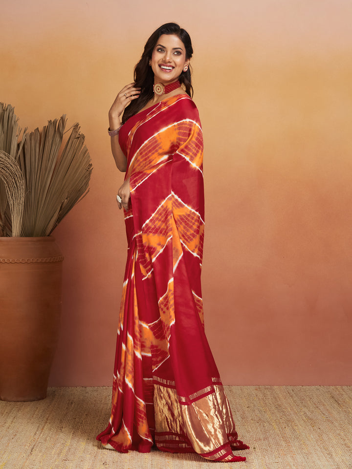 Agni Bandhej Silk Saree with Gold Tissue Border