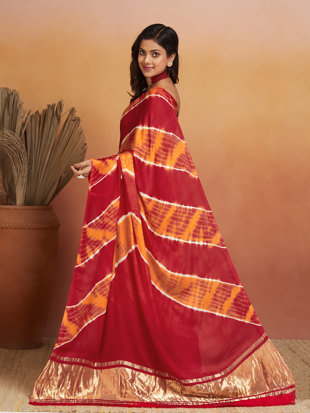 Agni Bandhej Silk Saree with Gold Tissue Border