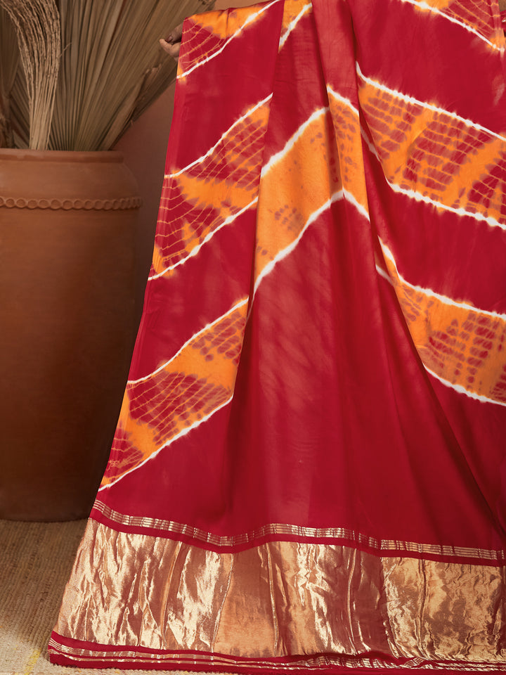 Agni Bandhej Silk Saree with Gold Tissue Border