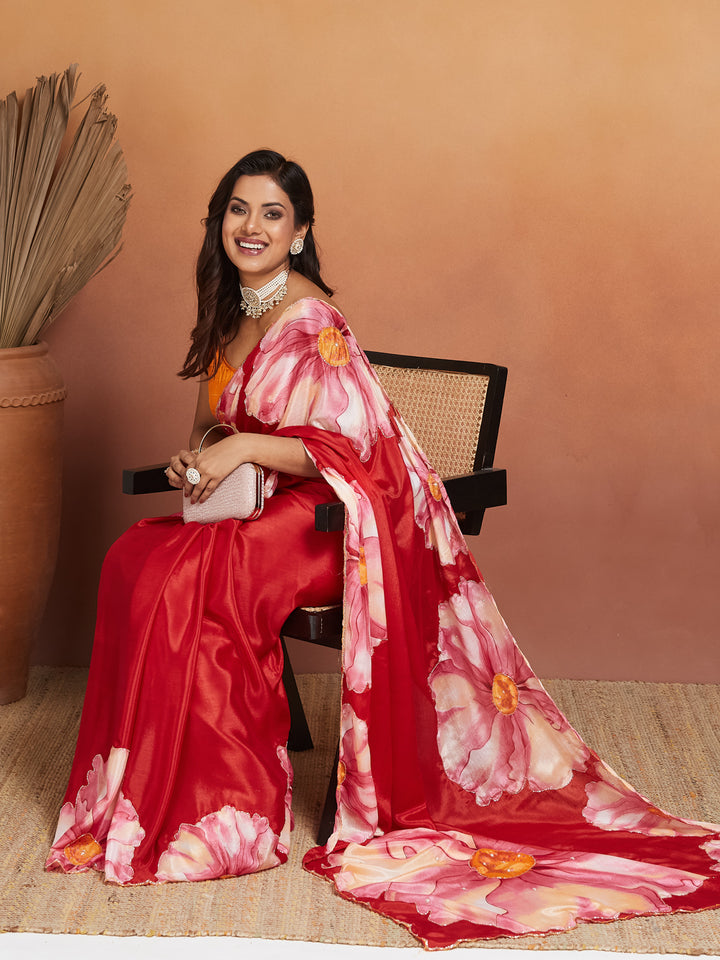 Phoolvara Red Bloom Satin Saree