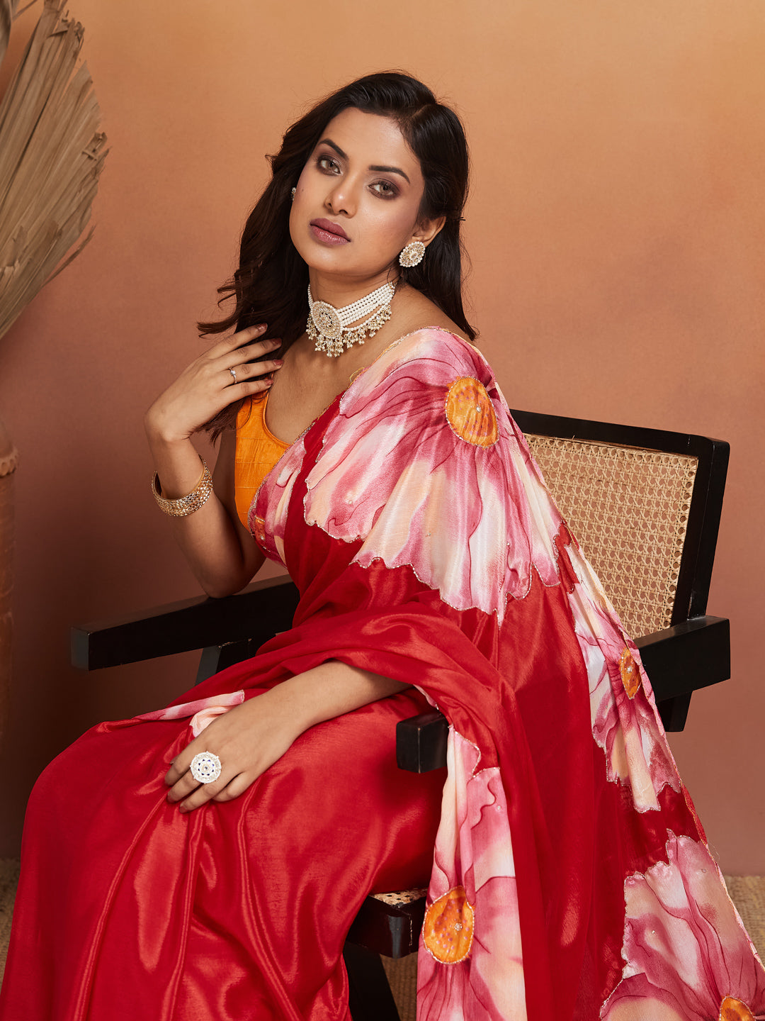 Phoolvara Red Bloom Satin Saree