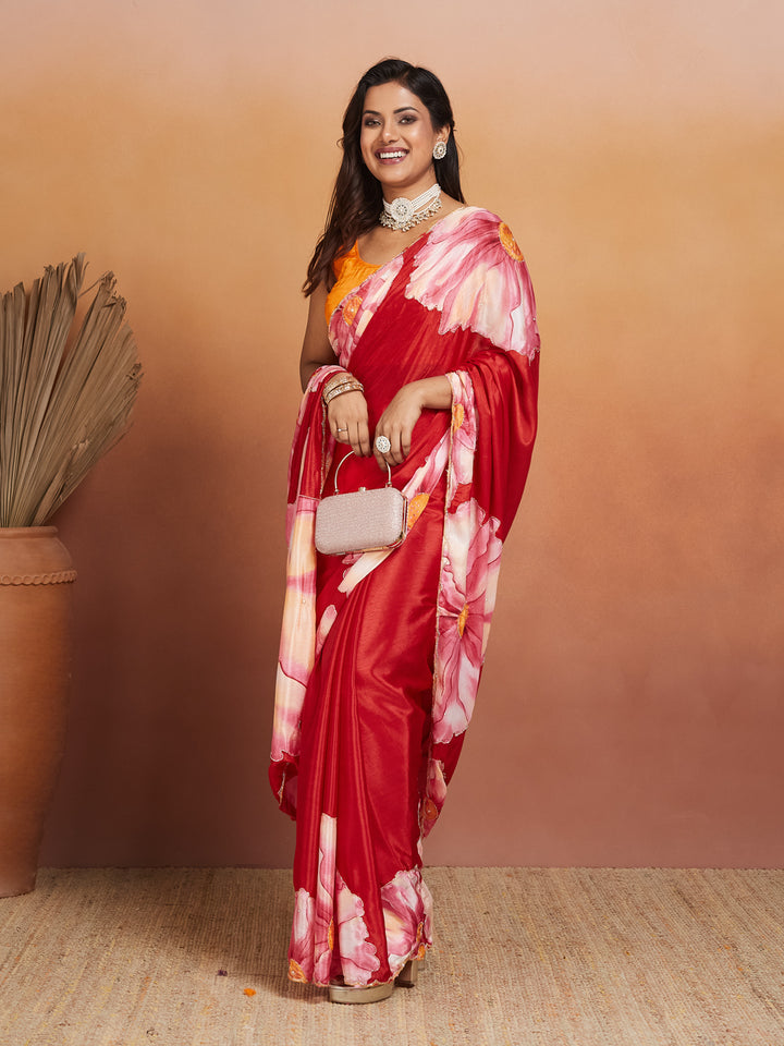 Phoolvara Red Bloom Satin Saree
