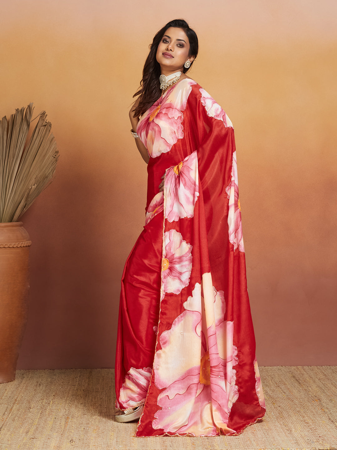 Phoolvara Red Bloom Satin Saree