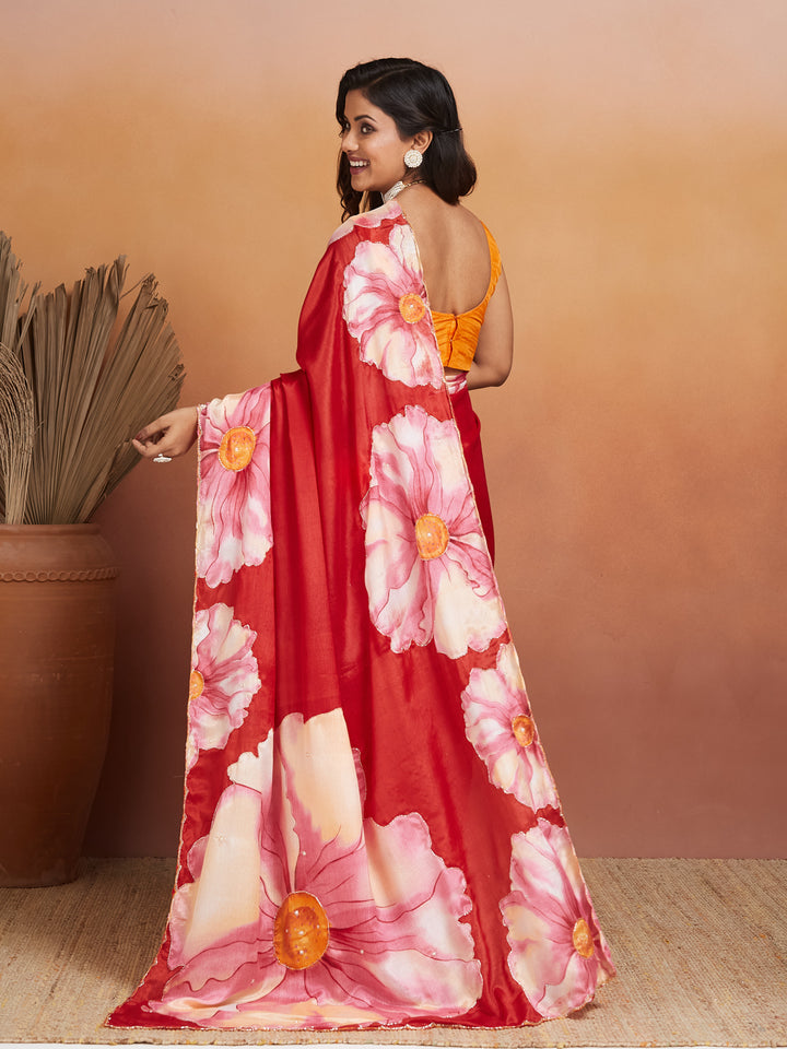 Phoolvara Red Bloom Satin Saree