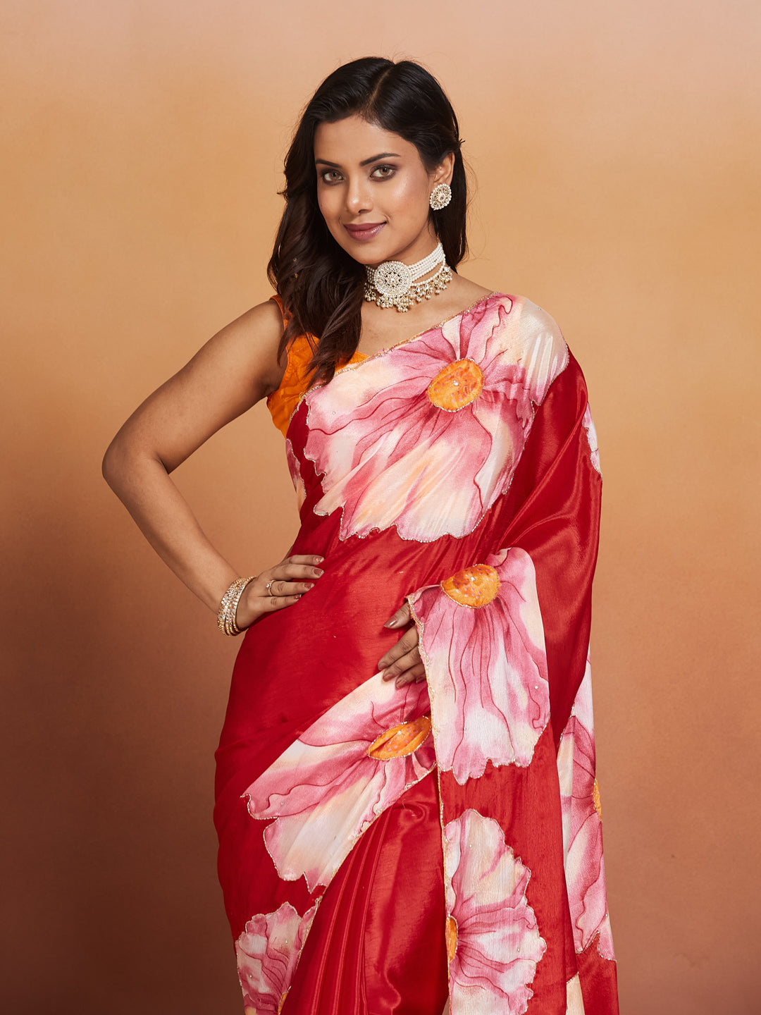 Phoolvara Red Bloom Satin Saree