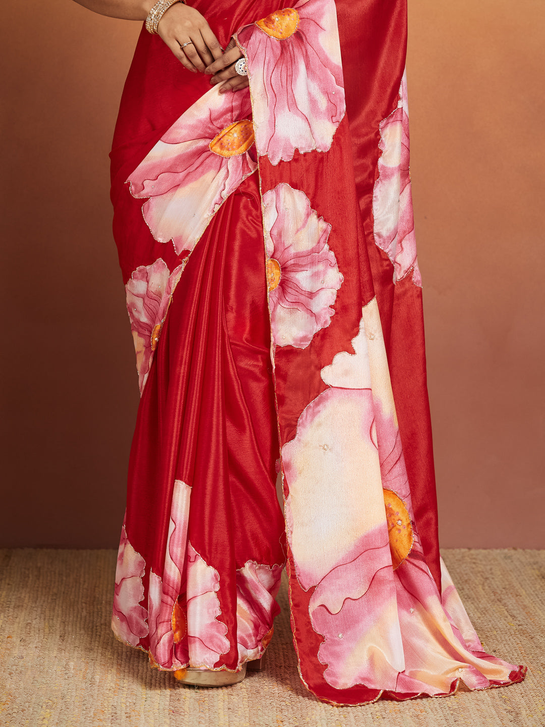 Phoolvara Red Bloom Satin Saree