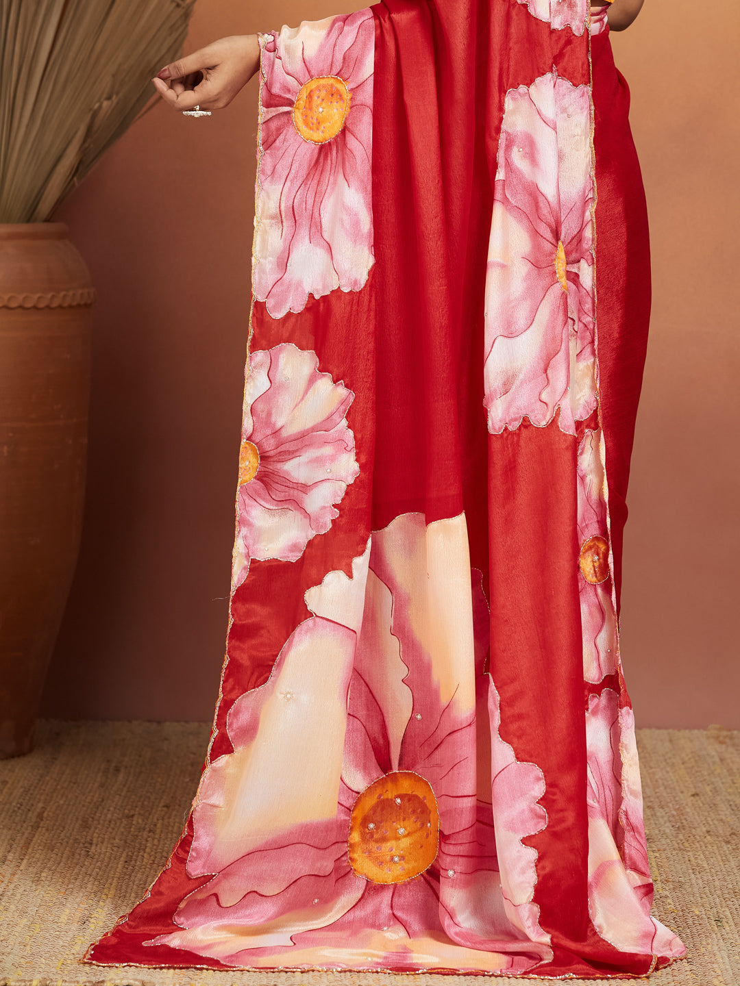 Phoolvara Red Bloom Satin Saree