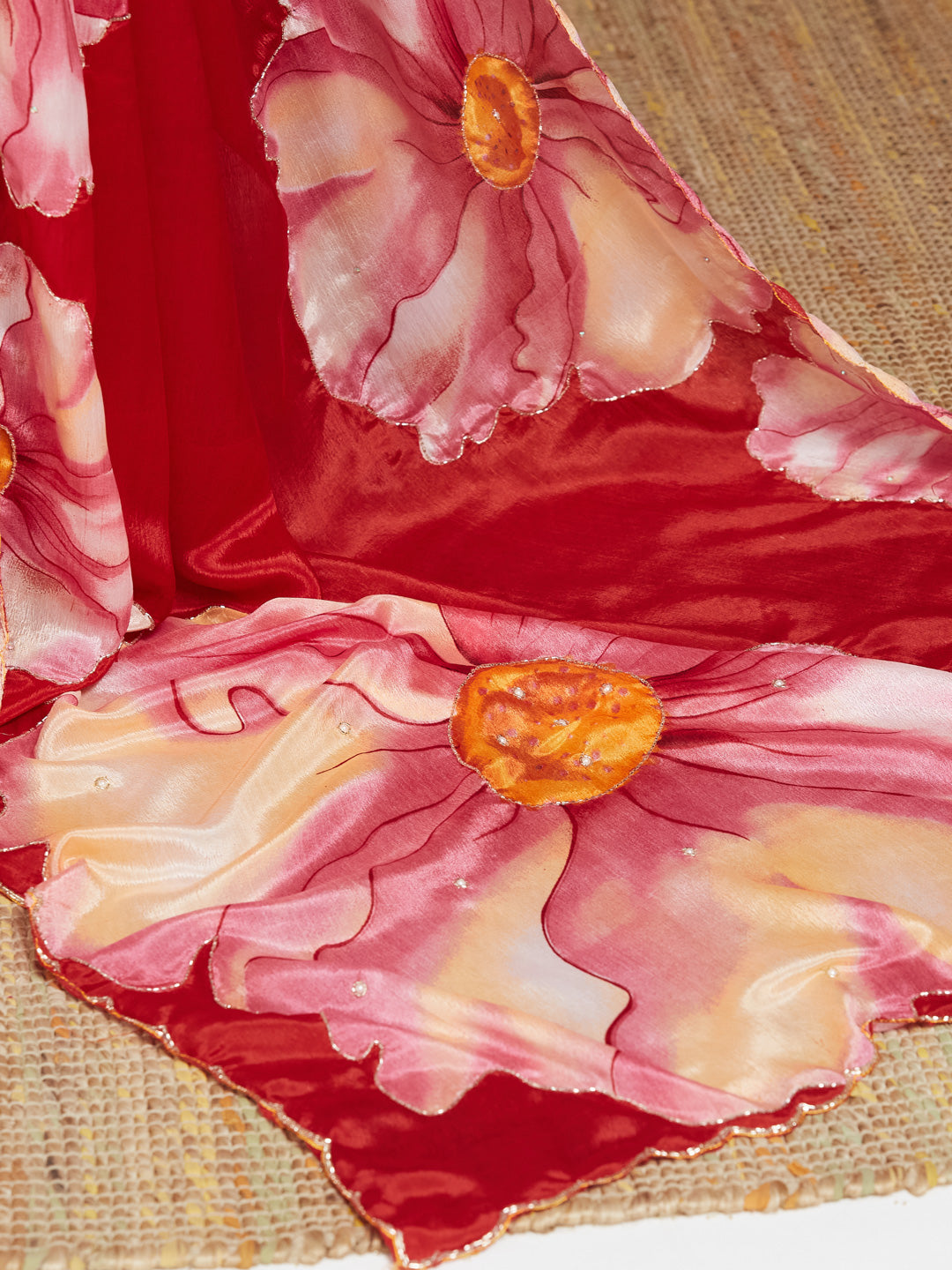 Phoolvara Red Bloom Satin Saree