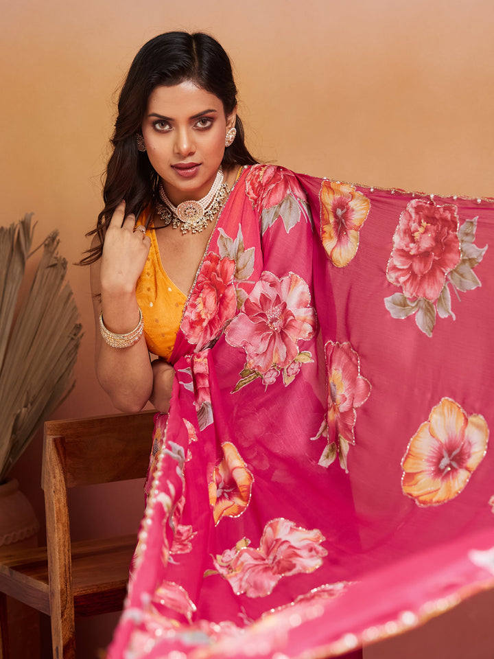 Gulzari Bloom Pink Georgette Saree
