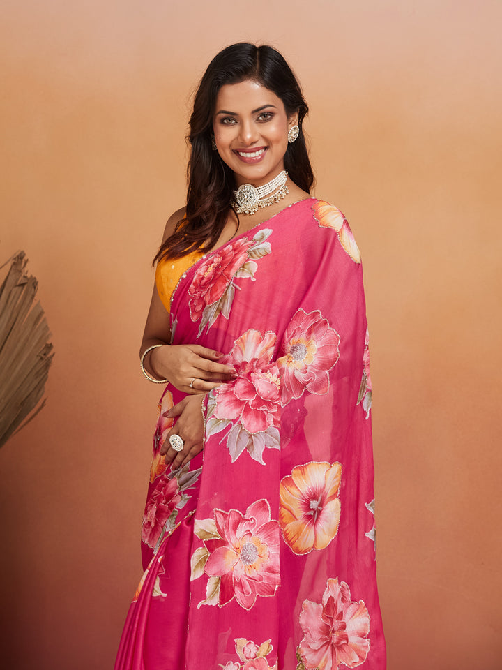 Gulzari Bloom Pink Georgette Saree